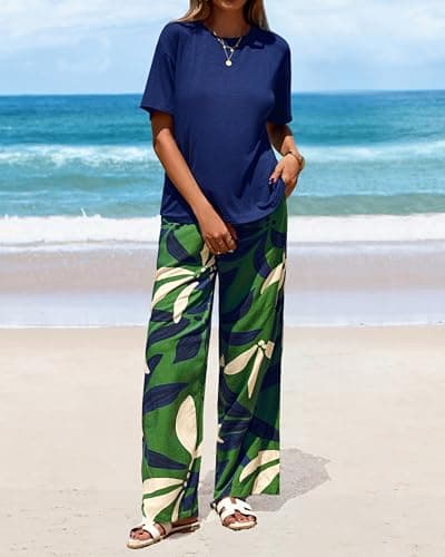 PRETTYGARDEN Women Summer 2 Piece Outfits 2026 Short Sleeve Knit Top Floral Print Belted Wide Leg Pant Sets With Pockets(Flroal Army Green,Small) - Thumbnail 2