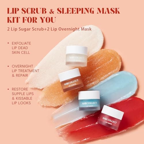 ANRCOLLECT Lip Scrub and Lip Mask Set- Lip Treatment Care Kit with 2 Lip Exfoliator Scrub & 2 Lip Butter Mask, Intense Hydration Set for Dry Chapped Cracked Lips (4 Pack), Valentines Day Gifts - Thumbnail 2