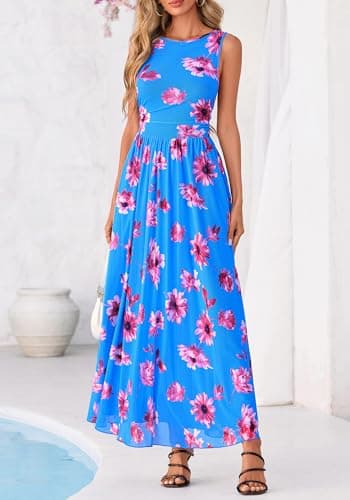 BTFBM Summer Dresses for Women 2026 Floral Maxi Dress Sleeveless Mesh Flowy Spring Wedding Guest Dress Long Sundresses(Blue Red Flower, Small) - Thumbnail 2
