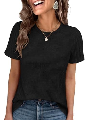 ANRABESS Women's Summer Waffle Knit Tops Crew Neck Short Sleeve Casual Trendy Shirts Basic Tee Blouses 2026 Spring Outfits Black Medium - Image 1