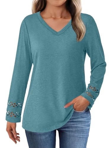 GKBK Women’s Long Sleeve V Neck Tunic Top Casual Dressy Blouse Business Loose Fit Trendy 2025 Fall Outfits Cyan XXL - Thumbnail 2