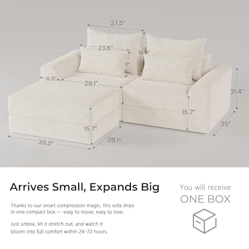 SOFA-IN-BOX Modular loveseat with Ottoman, L-Shape Boneless Couch, Customizable Sectional Couch, Free Combination Design Sleeper Sofa, Cloud Mist - Thumbnail 3