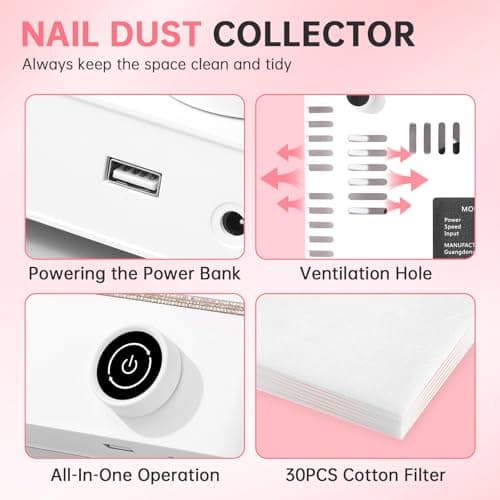 CHRISTINE SHELLY Nail Dust Collector, Bling Diamond Cordless Rechargeable 5000RPM Vacuum Nail Tech Fan Extractor, Professional Nail Duster Suction, Low Noise, Salon&Home - Thumbnail 5