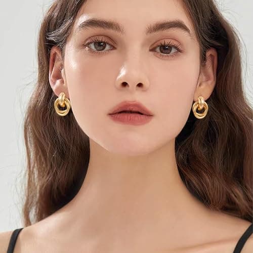 CUFELMU Gold Geometric Drop Dangle Earrings for Women Stud Small Twisted Link Earrings 14K Gold Plated Jewelry Gifts - Thumbnail 2