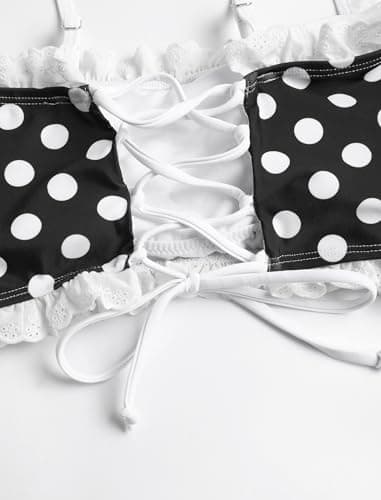 ZAFUL Womens High Waisted Bikini Sets 2 Piece Plaid Ruffle Swimsuits Back Strap Top with High Waisted Shorts Bathing Suit Black Polka Dots XL - Thumbnail 6