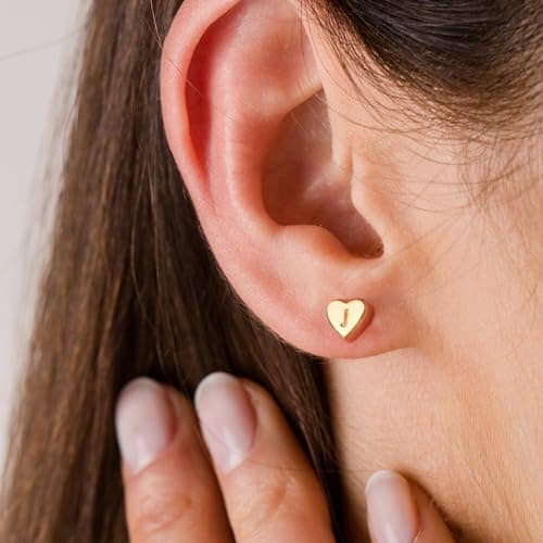 BAYLAY Heart Initial Earrings for Women - 18K Gold Plated Letter D Initial Earrings Hypoallergenic Earrings for Women Dainty Gold Heart Stud Earrings Gold Jewelry - Thumbnail 2