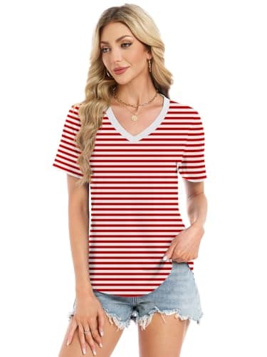 Womens Summer Tops Short Sleeve V Neck T Shirts Blouses Plus Size Tunic Vacation Beach Vacation Boho Outfits, Red/White Stripe 3XL - Thumbnail 2