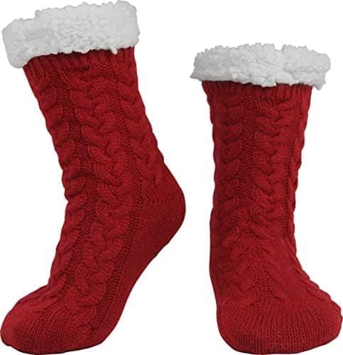BenSorts Warm Slipper Socks for Women Plush Fuzzy Socks With Grips Grippers Non Slip Sleep House Socks Soft Thick Mothers Holiday Gift Red - Image 1