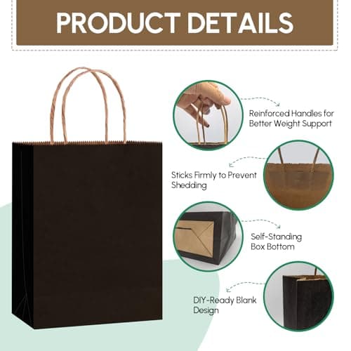 Qioxiou 60 Pack Black Gift Bags 8.27x4.33x10.63 Medium Kraft Paper Gift Bags with Handles Bulk, Black Paper Sacks for Wedding Birthday Party Favor, Business, Retail, Shopping, Merchandise, Grocery - Thumbnail 3