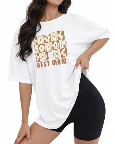 Mom Graphic T Shirt for Women, Best Mom Floral Checkered Letter Print, Cotton Relaxed Fit Casual Tee - Thumbnail 2