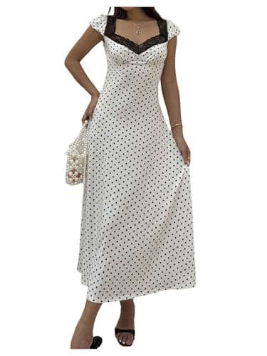 Milumia Women's Polka Dots Lace Trim Maxi Dress Sweetheart Neck Short Sleeve A Line Dresses White X-Small - Image 1