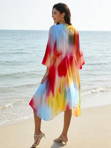 Womens Swimsuit Coverup Casual 3/4 Sleeve Cardigans Swimsuit Summer Beach Cover Ups with Tropical Prints - Thumbnail 5