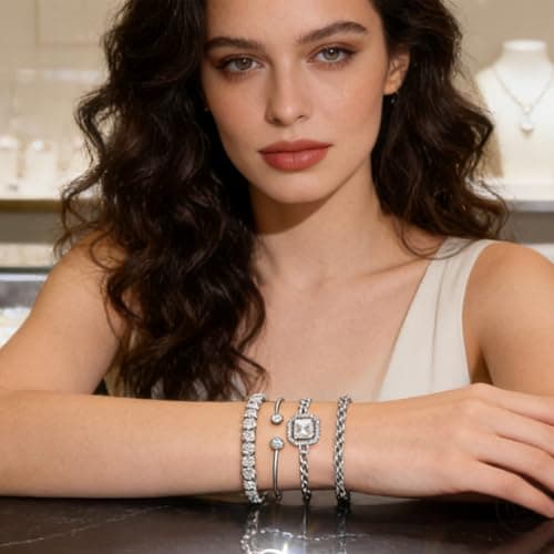 Bracelets Sets 14K Silver Plated Dainty Stackable Cuban Link Twisted Rope Chains Link Chains, Adorned Sparkling Crystal Gifts Jewelry - Thumbnail 4