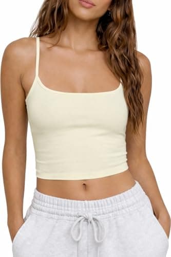 CHYRII Tank Top for Womens Square Neck Built in Bra Spaghetti Strap Cropped Slim Fitted Workout Basic Cami Top (Beige M - Image 1