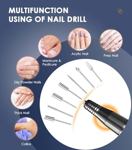 Portable Nail Drill Electric File: 40000RPM Professional Nail E-File for Acrylic Nails Remove Nail Gel Polish Manicure, Rechargeable Cordless Nail Drill Machine with Bits & Base for Salon Home, Black - Thumbnail 6