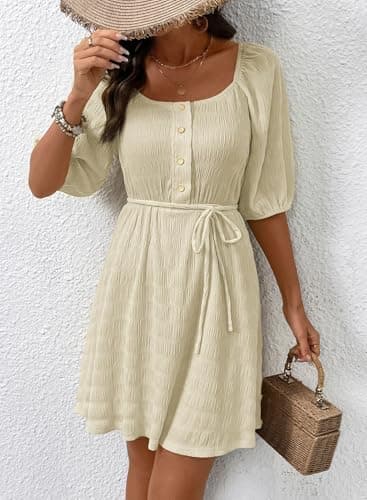 Dokotoo Casual Dresses for Women 2026 Boho Pleated Square Neck Short Sleeve A Line Apricot Dress Cute Going Out Dress Fashion Elegant Button Dresses X-Large - Thumbnail 3