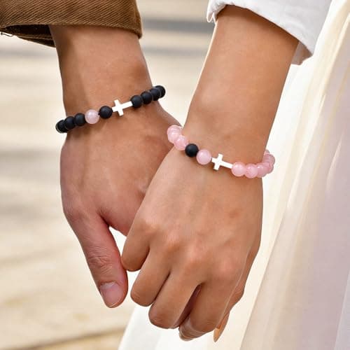 Couple Bracelet Cross Jewelry Gifts - S925 Sterling Silver 2Pcs Rose Quartz Black Agate Matching Unique Bead Adjustable Rope Romantic for Boyfriend Girlfriend Christmas Valentine Anniversary Birthday - Thumbnail 4