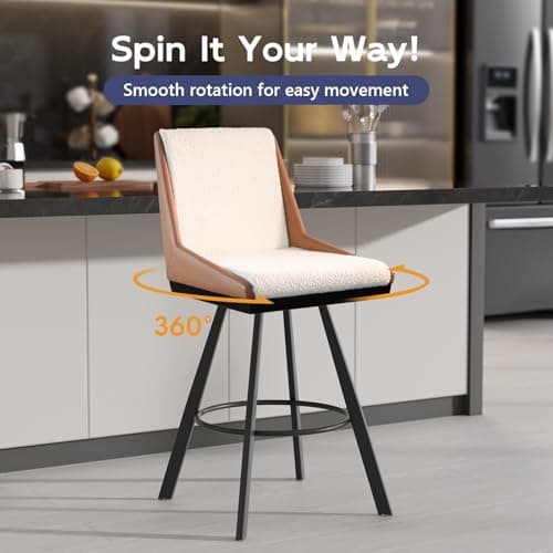 Ollega Bar Stools Set of 2, 26" Counter Height Bar Stools, Upholstered Swivel Barstools with Backs, Loop Yarn Fabric&Pu Leather, Metal Legs for Kitchen Island, Beige&Brown - Thumbnail 3