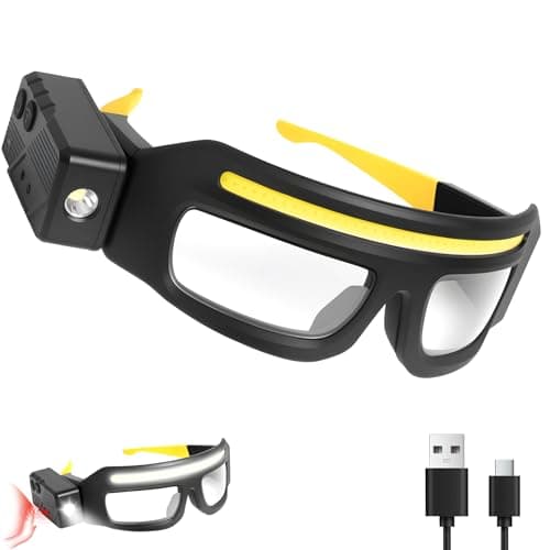 TFFUAM LED Rechargeable Headlight Glasses with Motion Sensor & Touch Control, Safety Glasses with Lights 5 Modes USB C Light Up Glasses for Outdoor Running Camping Hiking Work (Yellow)