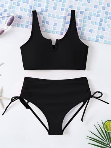 AMAWMW Girls Bathing Suit Bikini Set V-Neck Cutout Swimsuit Two Piece Beach Swimwear for Teen Girls 7-16Y, Black, 9-10 Years - Thumbnail 6