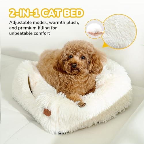 CATISM Cat Bed, Cat Cave for Indoor Cats, Soft Cat Dome, Self-Warming 2 in 1 Foldable Pet Cat House with Washable Cushioned Pillow Calming Fluffy Dog Beds for Small Dogs with Anti-Slip Bottom White - Thumbnail 5