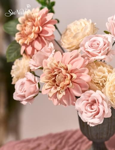 SWNAWE Pink Flowers Artificial Roses Combo Set Faux Pink Silk Flowers Fake Roses Mix Dahlia Peonies with Stems for Wedding Bouquets Table Centerpiece Baby Bridal Shower Birthday Party Decorations - Thumbnail 2