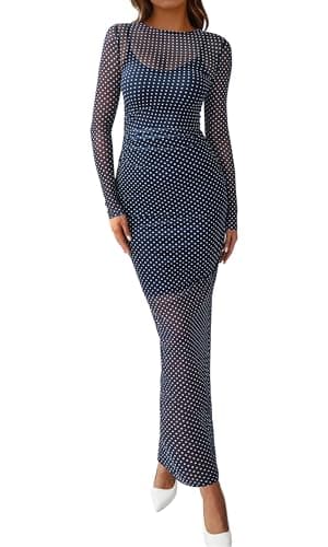 BTFBM Spring Dresses for Women 2026 2 Piece Set Long Sleeve Polka Dot Sexy Bodycon Mesh Dress and Slip Dress Wedding(Small Dot Navy White, X-Large) - Image 1