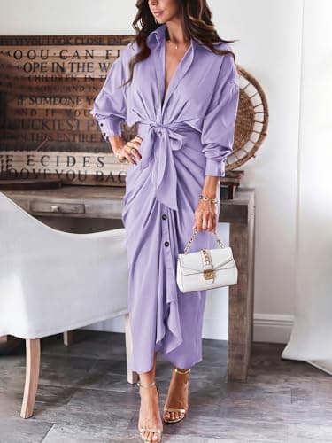 BTFBM Summer Dresses for Women 2026 Long Sleeve V Neck Button Down Elegant Belted Ruched Satin Silk Shirt Fall Dress(Purple, Medium) - Thumbnail 4