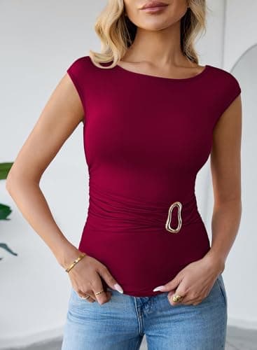 Pink Queen Going Out Tops for Women Sleeveless Ruched Slim Fitted Stylish T-Shirts with Buckle Decor Red Dahlia L - Thumbnail 3