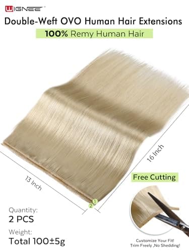 WIGNEE OVO Blonde 613 Human Hair Extensions 2 PCS | Warm Golden Undertones, No Glue Double Layer PU Base | Trimmable & Reusable 13x16" Wefts for Short/Thin Hair | Salon Quality - Thumbnail 2