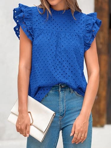 BTFBM Casual Summer Tops for Women 2025 Short Ruffle Sleeves Shirts Crew Neck Hollow Out Lace Embroidered Blouses(Blue,X-Small) - Thumbnail 4