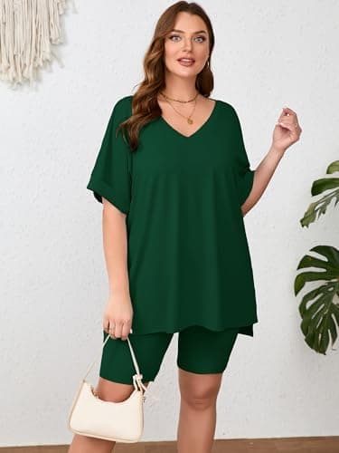 AusLook Women's Plus size 2 Piece Short Outfits Set Short Sleeve Tops and Shorts Pants Dark Green 5X Casual Comfy Soft Ladies Short Sleepwear Lounge Pajama Matching Set - Thumbnail 4