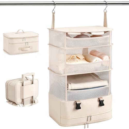 Hanging Closet Organizer, Foldable Beige Mesh Shelves with Zipper Bag - Image 1