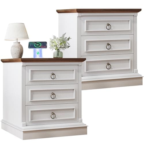 HUAHUU Farmhouse Nightstand Set of 2, Side Table with Wireless Charging Station, Wood Rustic End Table with Roman Column & Metal Handle for Bedroom, White - Image 1