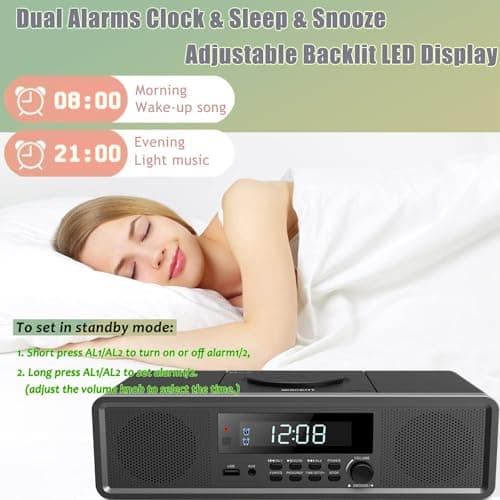 WISCENT Home Stereo System CD Player Boombox,Clear 20W RMS Sound System with FM Radio,Bluetooth,USB,MP3,AUX,Digital Dual Alarm Clock CD Players for Home - Thumbnail 6