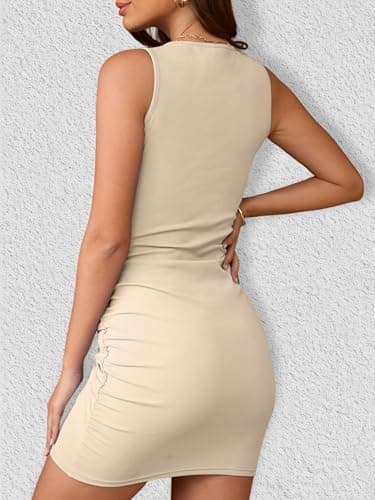 AUMORA Women's Sleeveless Ruched Bodycon Short Dress Crew Neck Tank Metal Buckle Cocktail Party Mini Dresses Beige - Thumbnail 5