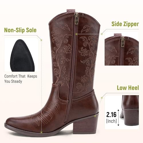 Vepose Brown Cowboy Boots for Women Embroided Cowgirl Boots 9803 Western Mid-Calf Pull on Pointed Toe Shoes for Ladies with Inside Zipper Size 9.5 (CJY9803 Whisky 09.5) - Thumbnail 4