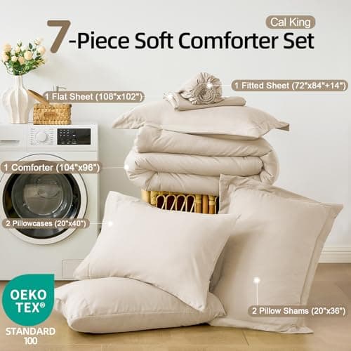 FUANNA California King Comforter Sets Beige, 7 Pieces Cal King Size Bedding Set, All Season Lightweight Bed in a Bag with Comforter, Flat Sheet, Fitted Sheet, Pillowcases & Shams - Thumbnail 5