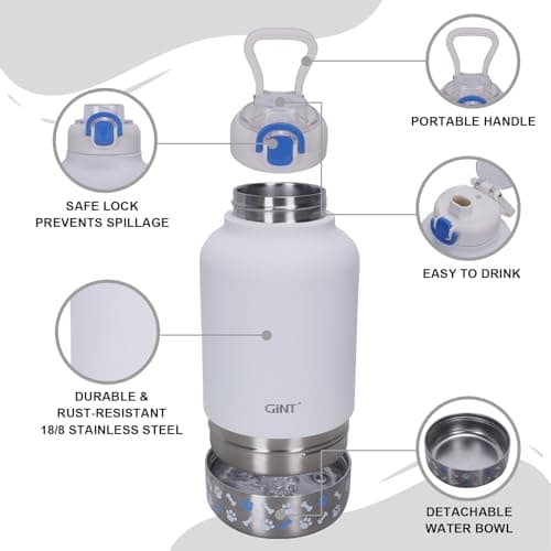 GiNT 37oz Insulated Stainless Steel Dog & Human Water Bottle, All-in-1 Travel Dispenser with Detachable Bowls & Carrying Case, Leak-Proof Pet Canteen for Walking, Hiking, Camping, Car (White) - Thumbnail 2