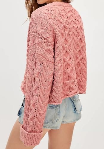 Jenkoon Women's Cable Knit Sweater Oversized Crop Knit Pullover Chunky Crew Neck Long Bell Sleeves Button Front Sweaters(Pink,XL) - Thumbnail 4