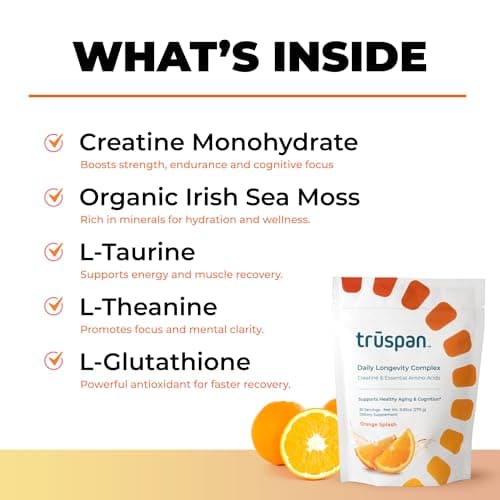 TruSpan Daily Longevity Complex Creatine Powder, with Essential Amino Acids, Sugar Free, Orange Splash Flavor, 30 Servings - Thumbnail 2