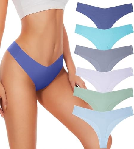 Hellopopgo Seamless Thongs For Women V-waisted No Show Thong Seamless Panties Breathable Comfortable Underwear Womens 6-Pack,Large - Image 1