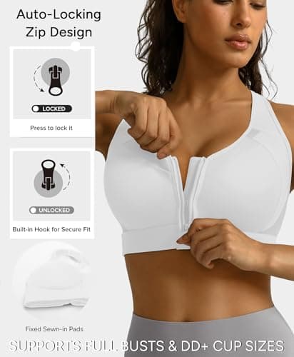 BRXL Sports Bras for Women Front Zipper Padded Adjustable Straps Sports Bra White Cross Back Sports Bras White S - Thumbnail 2