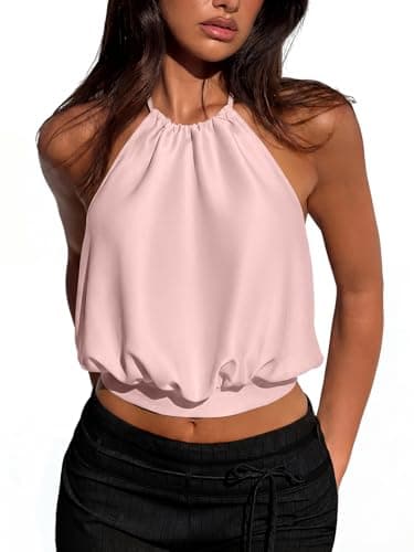 REORIA Women's Halter Backless Crop Top Sexy Sleeveless Summer Going Out Outfits 2026 Trendy Champagne Pink Large - Image 1