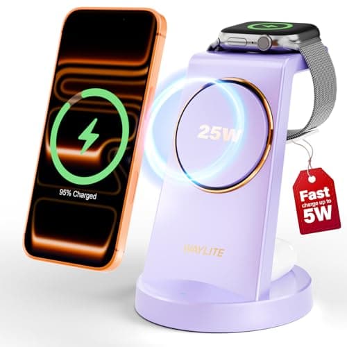 3 in 1 Fast Charging Station for iPhone, 25W Wireless Magnetic Phone Charger for iPhone 17 16e 16 15 14 13 12 Serise, Watch Charger Stand, Wireless Charging Station for AirPods 4 3 Pro, Purple