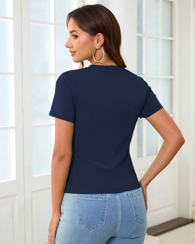 Abardsion Cotton Basic Tees for Women Spring Outfits Tops 2026 Short Sleeve Crewneck Slim Fit T Shirts (Navy Blue, XS) - Thumbnail 4