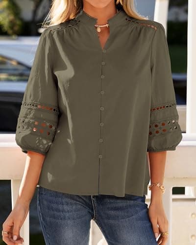 BTFBM Summer Tops for Women 2026 Eyelet Top 3/4 Length Sleeve Dressy Casual Blouses Spring Boho Button Down Shirts(Army Green, X-Large) - Thumbnail 5
