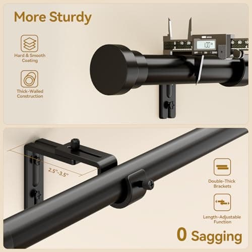 YaFex Curtain Rods 2 Pack 32-118 Inch, Heavy Duty 1 Inch Curtain Rod, Black Long Adjustable Window Treatment Rods,Modern Design, Easy Installation - Thumbnail 4