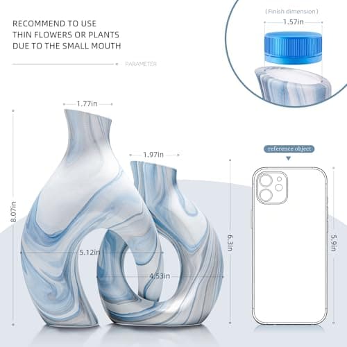 Blue Vases Set of 2, Modern Coastal Vase for Flowers, White vases for Table Centerpieces, Snuggle Hollow Vase Ceramic Decoration for Living Room, Nordic Boho Decor for Coffee Table Shelf - Thumbnail 2