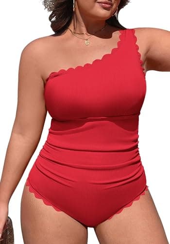 Charmo Plus Size Bathing Suit for Women 2026 One Shoulder Modest Swim Suits Tummy Control One Piece Ruched Swimsuit Red 3X - Image 1